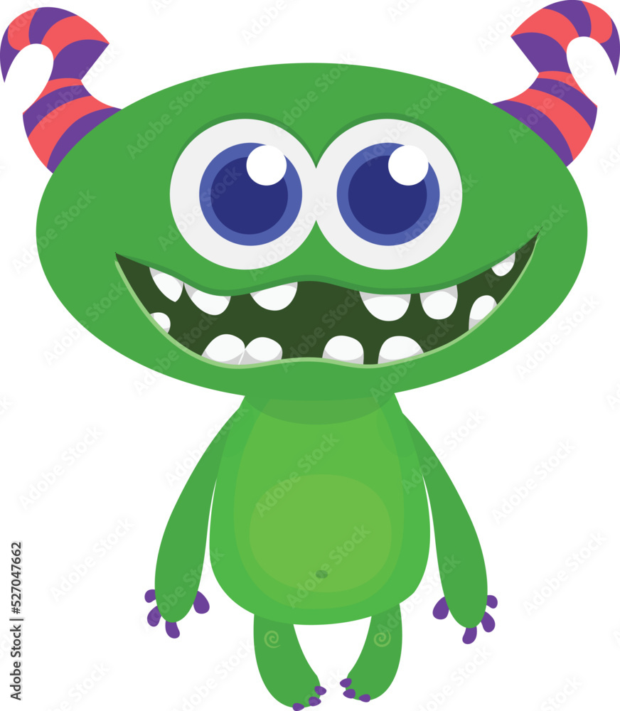 Funny cartoon smiling monster character. Illustration of cute and happy mythical alien creature. Halloween design Funny cartoon smiling monster character. Illustration of cute and happy mythical alien creature. Halloween design
