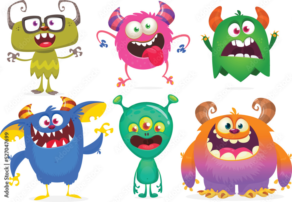 Funny cartoon monsters. Set of cartoon vector scary colorful monsters. Halloween design for decoration, stickers or cutout yard art sign. Funny cartoon monsters. Set of cartoon vector scary colorful monsters. Halloween design for decoration, stickers or cutout yard art sign.