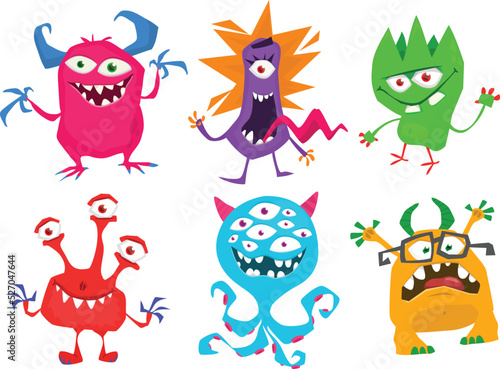 Cute cartoon Monsters. Set of cartoon monsters: goblin or troll, cyclops, ghost,  monsters and aliens. Halloween illustrations. Vector