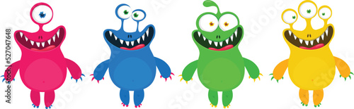 Cute cartoon Monsters. Set of cartoon monsters: goblin or troll, cyclops, ghost,  monsters and aliens. Halloween illustrations. Vector