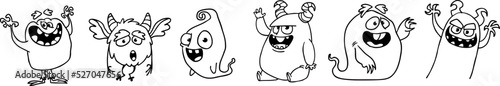 Cute cartoon Monsters. Set of cartoon monsters: goblin or troll, cyclops, ghost,  monsters and aliens. Halloween illustrations. Vector