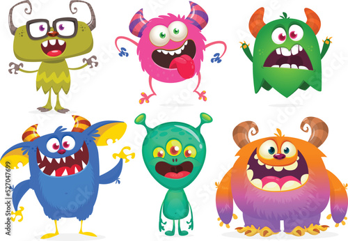 Funny cartoon monsters. Set of cartoon vector scary colorful monsters. Halloween design for decoration, stickers or cutout yard art sign.