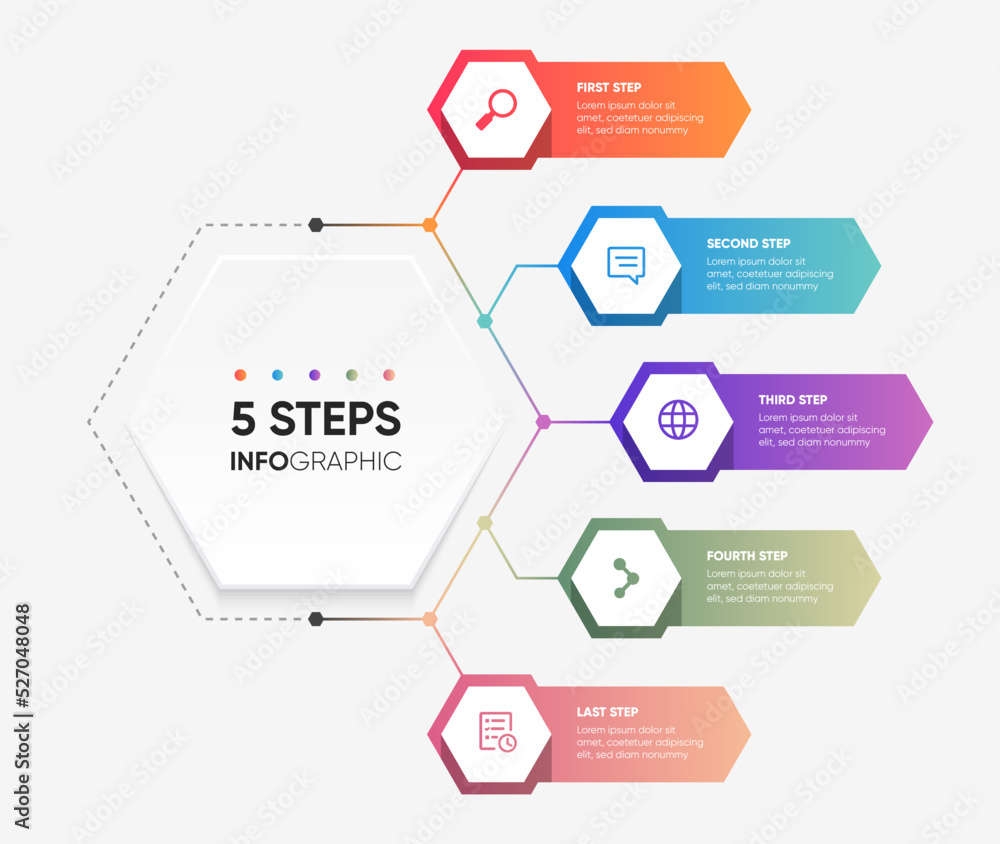 5 steps infographic with hexagonal shape design. Modern and colorful presentation infographic hexagon template.