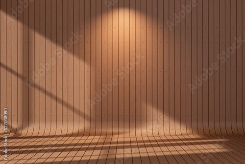 Abstract wooden wall background for product presentation  empty room with shadows of window and flowers and palm leaves 3d room with copy space summer concert blurred backdrop.