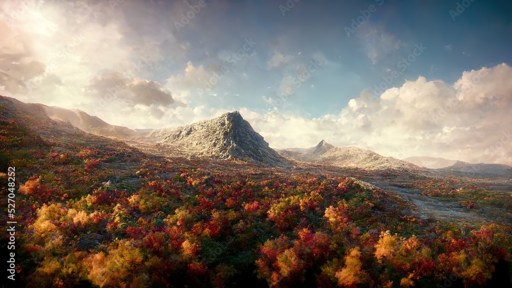 Fototapeta premium Idyllic landscape mountain in autumn with forest, 3d illustration.