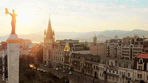 Batumi, Georgia - 8th august, 2022: aerial scenic view popular tourist destination Batumi summer resort landmarks. Astrological tower, europe square, casino buildings and hotels