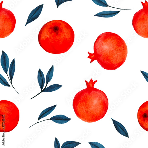 Watercolour Tropical Fruit Red Pomegranate design Seamless Pattern on white background. Hand Drawing repeat Summer Fruit , blue branch leaves. Vector Illustration