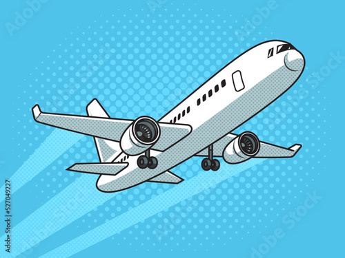 taking off passenger plane pop art retro vector illustration. Comic book style imitation.