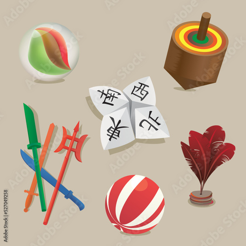 Cartoon illustration of vintage toys in old Hong Kong