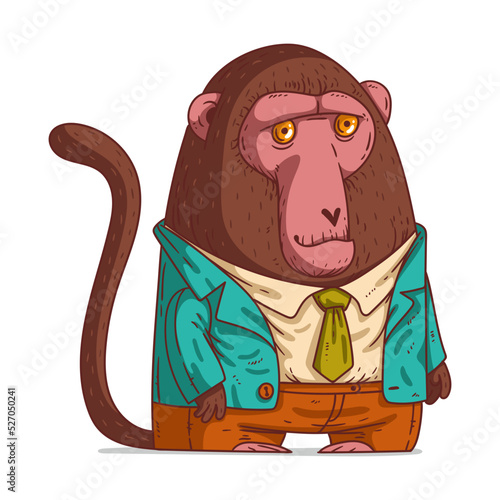 An Urban Primate, isolated vector illustration. Cartoon picture of a Japanese macaque wearing a suit. Drawn animal sticker. An anthropomorphic monkey on white background. A dressed animal. A citizen.