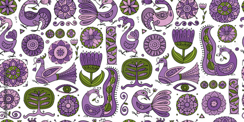 Magic fantasy birds and flowers. Vintage seamless pattern background for your...