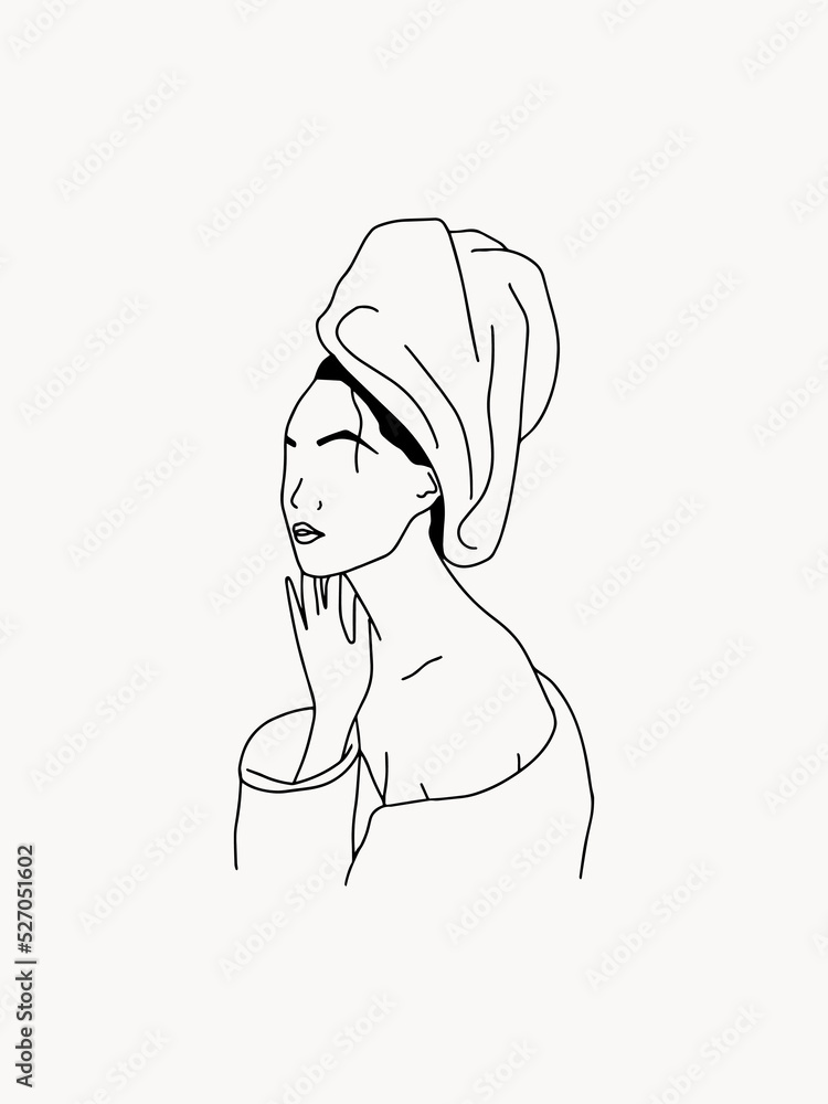 Abstract Modern Woman Figure in Trendy Linear Style. One Line Drawing Model Woman with Shower Towel in Head. Abstract feminine Silhouette for print, poster, social media, stories, logo, fashion design Abstract Modern Woman Figure in Trendy Linear Style. One Line Drawing Model Woman with Shower Towel in Head. Abstract feminine Silhouette for print, poster, social media, stories, logo, fashion design