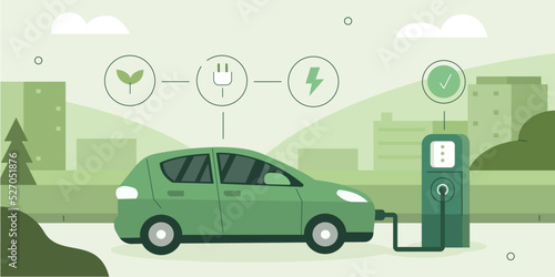 Private electric car near charging station in modern city. Sustainable lifestyle, electric transportation and eco friendly vehicle concept. Vector illustration.