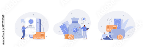Financial illustration set. Characters saving money in cash, credit card or in savings bank accounts. Personal finance management and savings concept. Vector illustration.