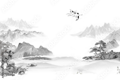 Photography peaceful spring Chinese painting of mountains and rivers Clouds and pines High m