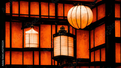 Japanese lanterns in front of traditional paper door style background photo