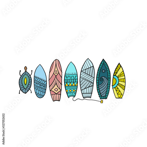 Surf boards collection, tribal ornaments for your design. Vector illustration
