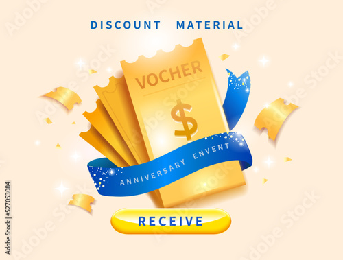 Premium luxury gift voucher template with golden voucher coupon wrapped in blue ribbon