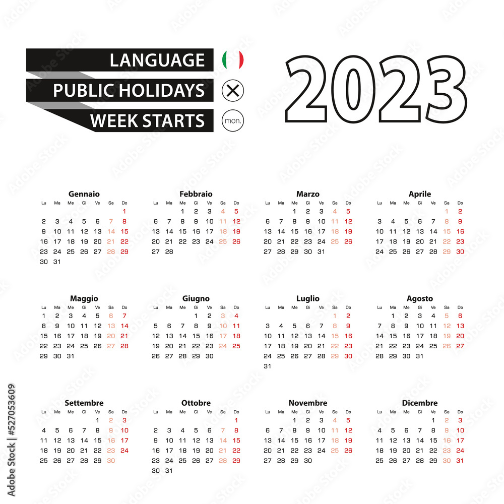 Calendar 2023 in Italian language, week starts on Monday.