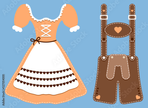 Dirndl & Lederhose Orange Braun Blauer Hintergrund