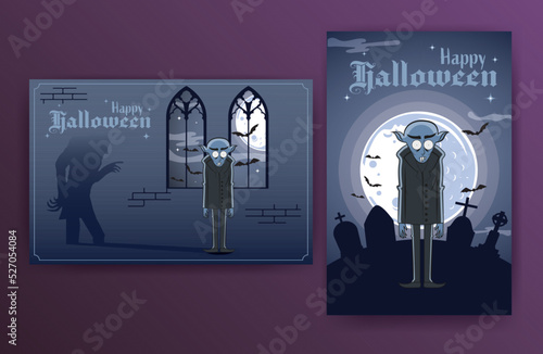 Halloween flyer classic vampire in the castle, Halloween party invitation Nosferatu cartoon, happy Halloween poster, creepy vampire shadow,