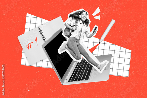 Poster collage of cool crazy school girl jumping over netbook using web study apps isolated on colorful background photo