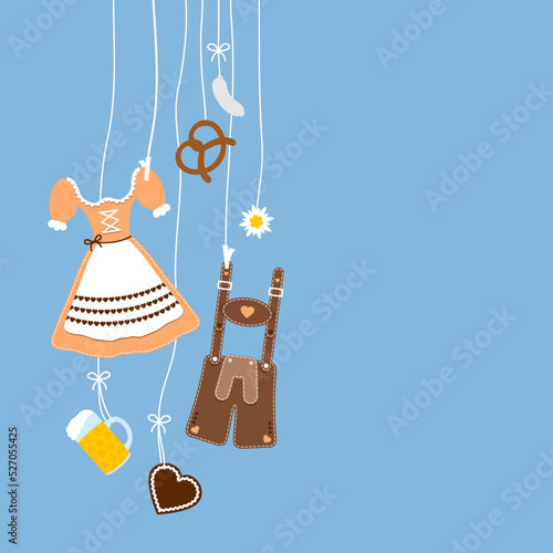 Links Hängende Oktoberfest Symbole Orange Braun Blauer Hintergrund