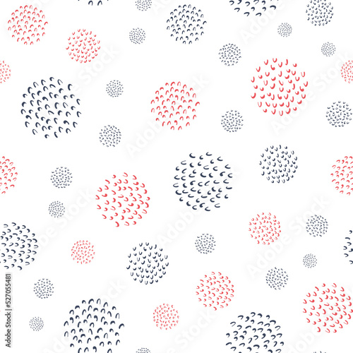 Abstract squiggly textured circles seamless vector pattern. Red blue circle shapes on white background. Spherical wavy doodle dots repeat. Bubble design for summer, Americana, vacation concept