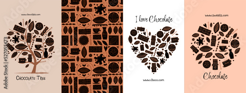 Chocolate, cacao and sweets - concept arts collection. Frame, pattern, tree, heart shape. Set for your design project - cards, banners, poster, web, print, social media, promotional materials. Vector