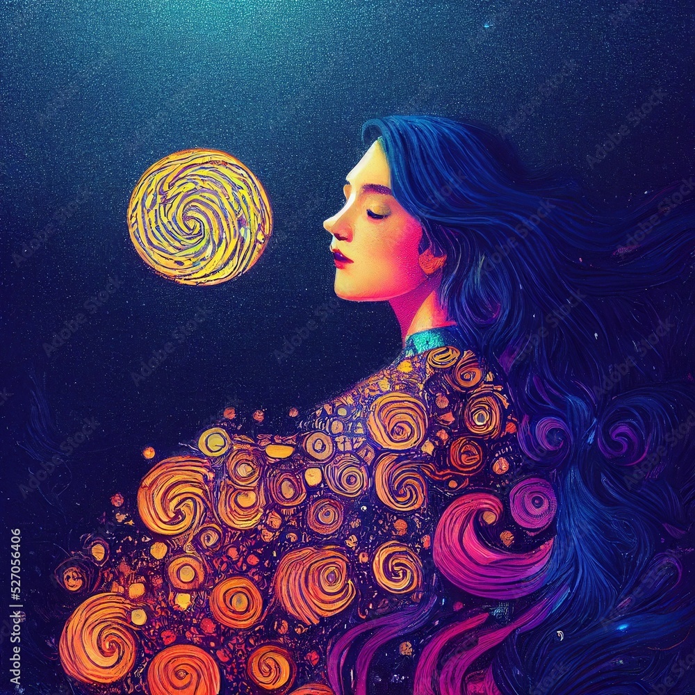 Beautiful girl with long black hair against the moon and sky. The Night as  a Woman, a fairy tale character. Digital painting. Digital illustration.  Stock Illustration | Adobe Stock