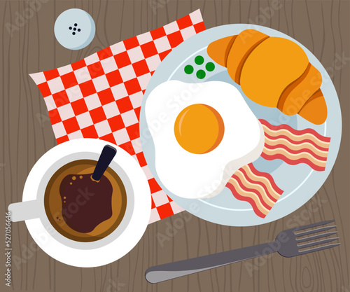 Top View Of Breakfast With Scrambled Eggs And Becon Vector Illustration In Flat Style