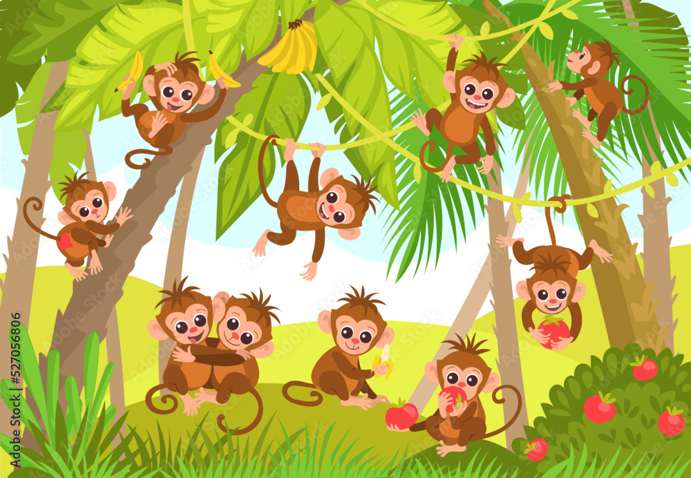 Fototapeta premium Cute monkeys in jungle. Cartoon tropical animal characters in rainforest. Wild exotic fauna. Marmosets hanging on vines. Macaques eating fruits. Forest foliage. Splendid vector concept