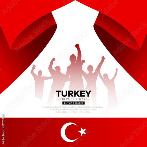 Celebration Turkey republic day background design with soldier silhouette and wavy flag