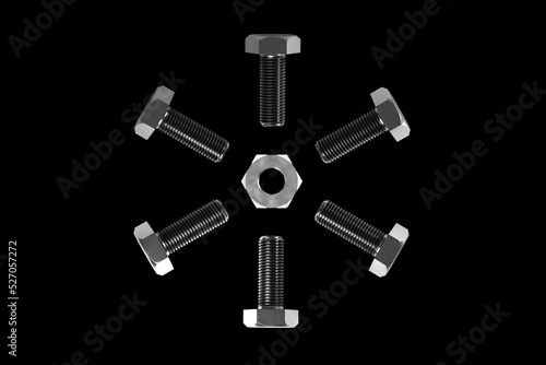 Six screws and a nut, isolated on black. 3D Render