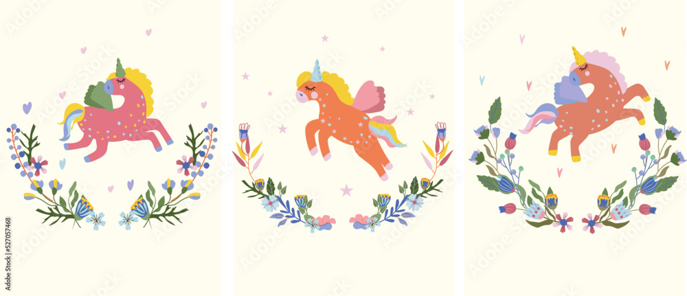 Cute Unicorns with colorful flowers and leaves around. Magical horses in different poses. Fantastic Unicorn. Fairy composition for your design. Vector illustration.