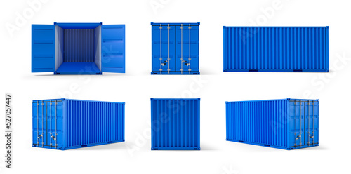 Set of cargo containers of blue color. Front view, back side and perspective