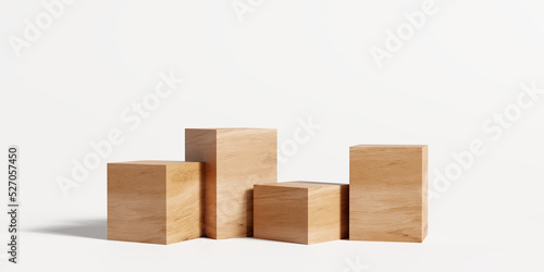 Wooden podium, Cosmetic display product stand on white background. 3D rendering