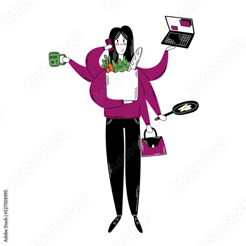 Super multitasking housewife, busy mom cleaning and cooking. Hand drawn doodle vector.