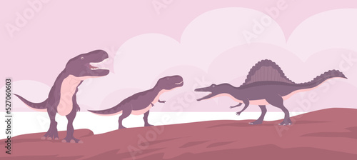 Two tyrannosaurus rex vs big spinosaurus with fin. Pangolin fight. Predators on the hunt. Carnivorous lizard of the Jurassic period. Wild landscape. Cartoon vector illustration