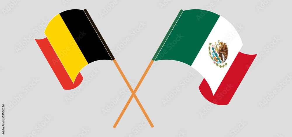 Crossed and waving flags of Belgium and Mexico Crossed and waving flags of Belgium and Mexico