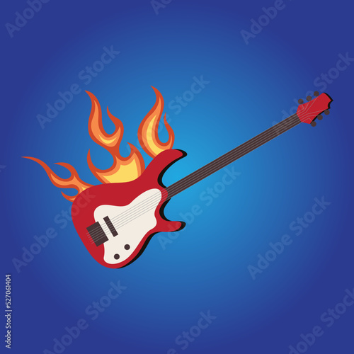 Bass guitar on licked by flames. Flat style vector illustration on isolated background. Print collection for tee shirt or fashion fabric, textile, wallpaper