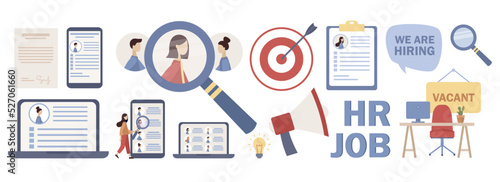 Job icon set. We are Hiring. Resume, CV, Job search, Hiring employees, HR, candidate selection concept. Recruitment and headhunting agency. Vector flat illustration 
