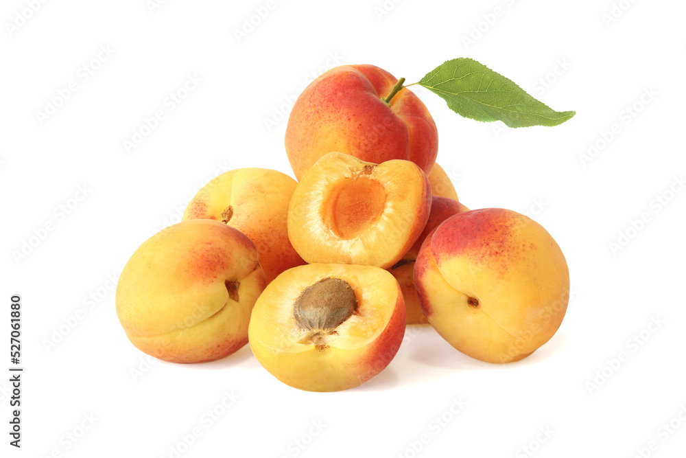 Ripe apricots with leaf isolated on white Ripe apricots with leaf isolated on white