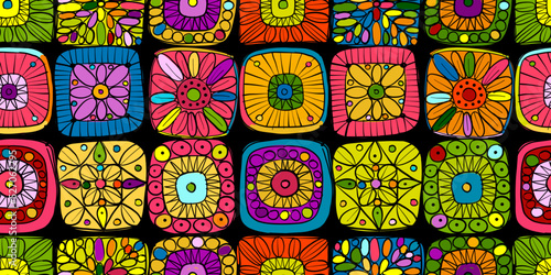 Granny square crochet. Seamless pattern background. Knitted wear. Folk art motif with flowers. Vector illustration