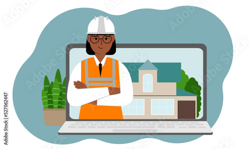 The concept of online consultation in construction. Laptop with an image of an engineer builder and a house.