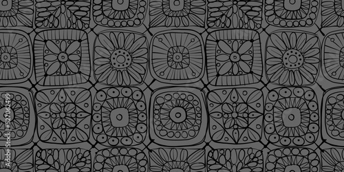 Granny square crochet. Seamless pattern background. Knitted wear. Folk art motif with flowers. Vector illustration
