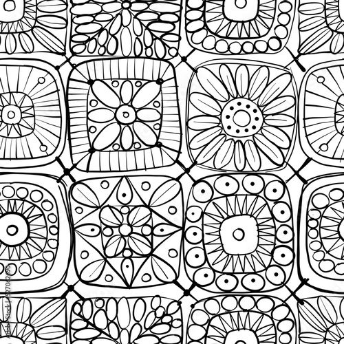Granny square crochet. Seamless pattern background. Knitted wear. Folk art motif with flowers. Vector illustration