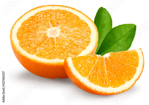 half of orange fruit with green leaves isolated on white background. clipping path