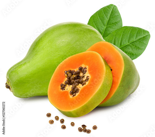 sliced ripe papaya fruit with green leaves isolated on white background. exotic fruit. clipping path