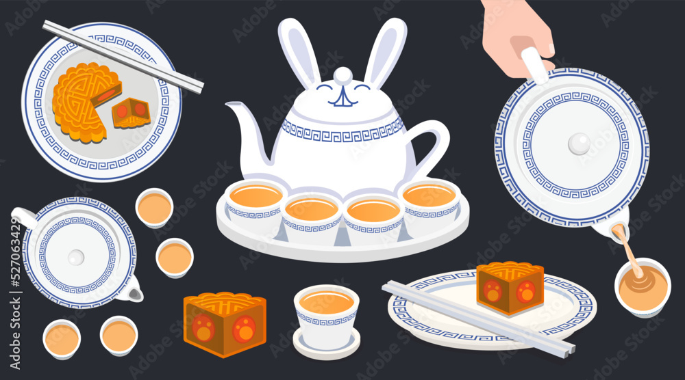 illustration vector isolated of mooncake eating and tea table setting objects collection illustration vector isolated of mooncake eating and tea table setting objects collection